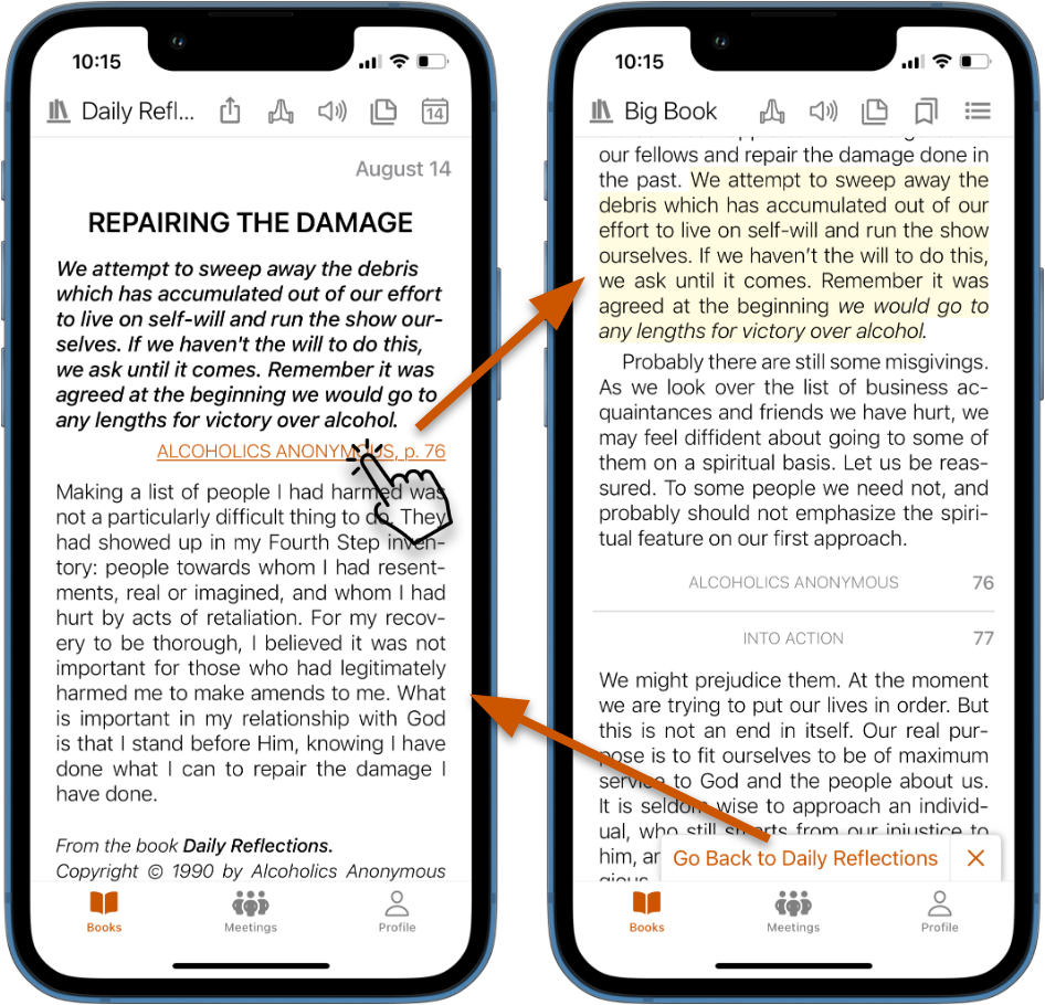 Tapping a cross-reference in Daily Reflections jumps to the Big Book passage