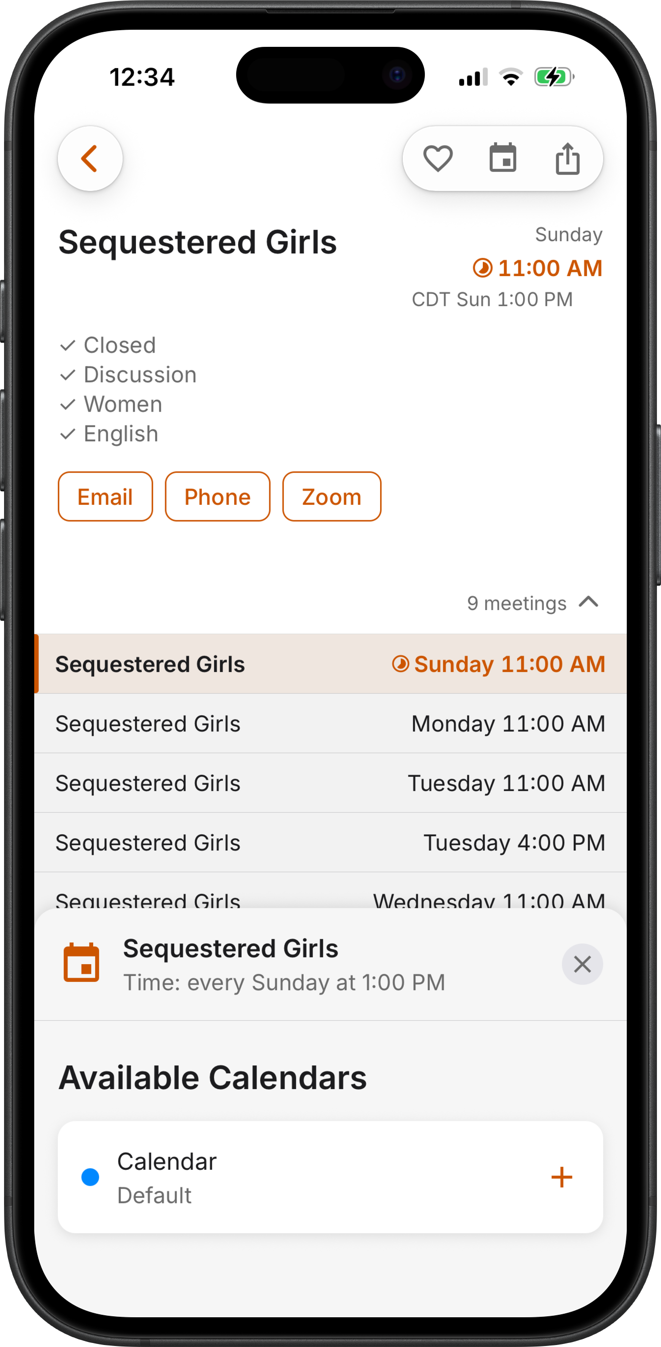 Meeting details with Add to Calendar in SoberHub