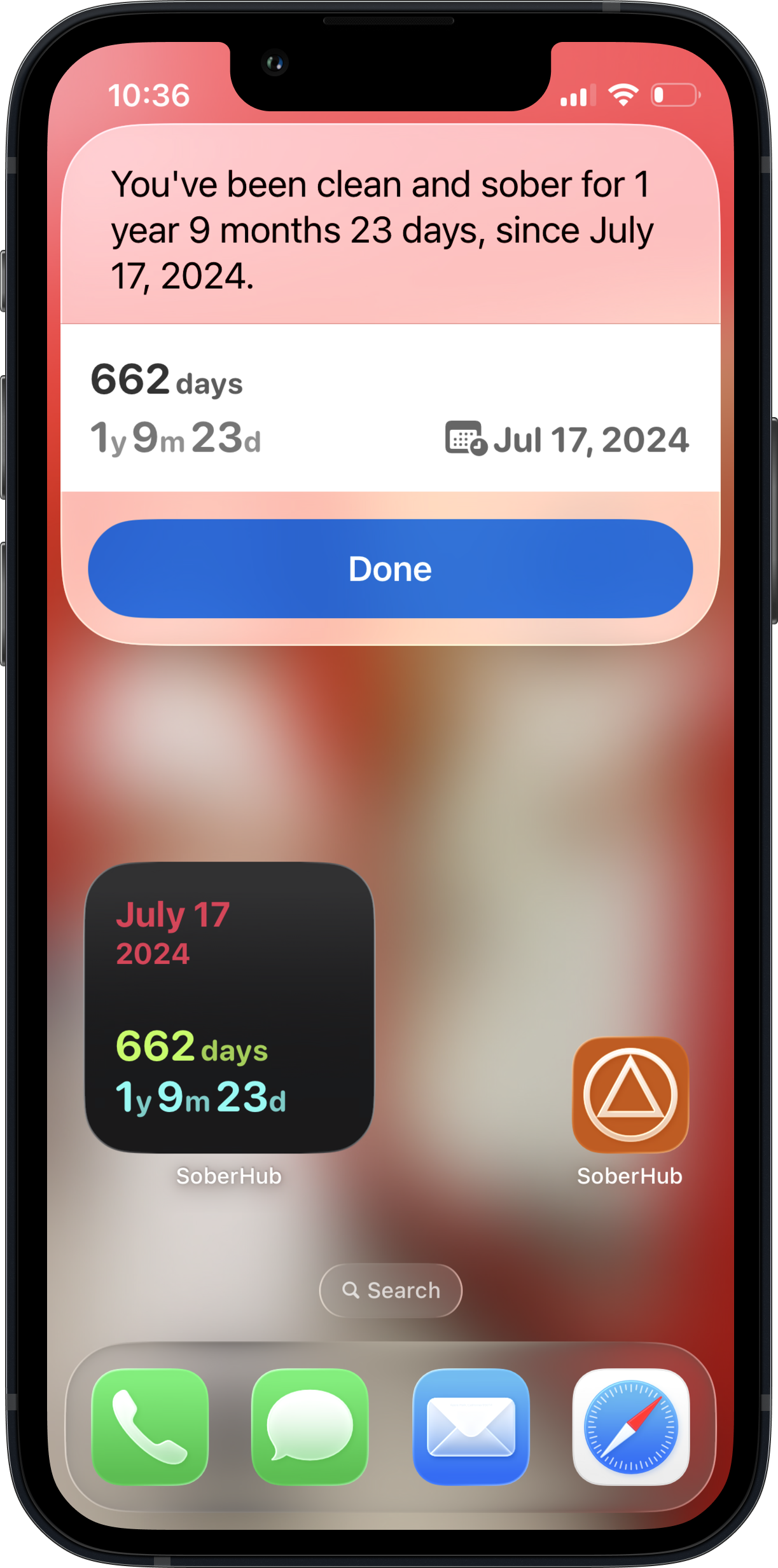 Siri shares your sobriety date plus a widget with date and streak